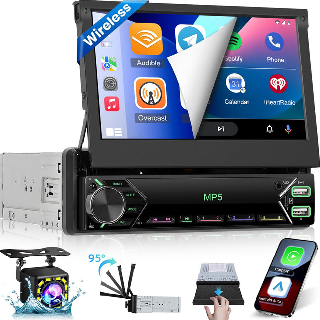 NHOPEEW 1 DIN 7-tolline sissetõmmatav autoraadio juhtmevaba Carplay ja Android Autoga - autoraadio tugi Mirror Link FM roolil juhtimine + tahavaatekaamera ja mikrofon