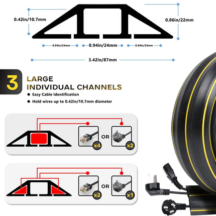 Cable protector with 3 cable channels, 1.05 m floor cable cover with fastening wire organizer - flexible, cuttable wire hiding set, ideal for office, home, warehouse, garage