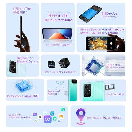 OSCAL C70 Android 12 mobiiltelefon ilma lepinguta, kaheksatuumaline 10 GB + 128 GB (2 TB TF laiendusvõimalus), 50 MP + 8 MP kaamera, 6,6-tolline HD+ ekraan, kahe SIM-kaardiga nutitelefon, 5180 mAh aku, näotuvastus ja sõrmejäljelugeja, must