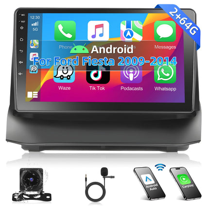 Podofo 2+64G autoraadio Ford Fiestale 2009-2014 koos juhtmevaba Carplayga, 9-tolline Android 13 autoraadio ekraani, Bluetoothi, HiFi, Android Auto, WiFi, GPS, RDS + tahavaatekaamera ja mikrofoniga