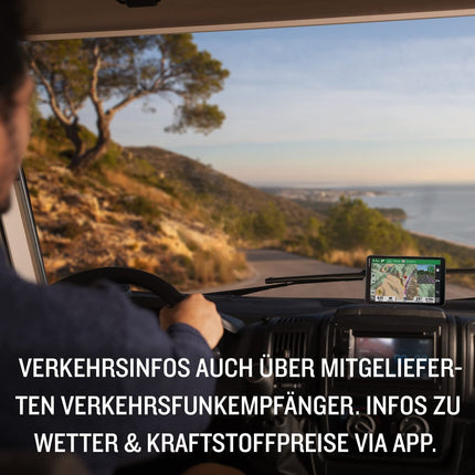 Garmin CamperCam 795 MT-D EU – integreeritud armatuurlaua kaamera, kokkupõrkehoiatuse ja sõidurajalt lahkumise hoiatusega navigatsiooniseade matkaautodele/haagissuvilatele, sh 3D-kaardid Euroopa ja Lõuna-Aafrika jaoks ning juhiabisüsteemid.