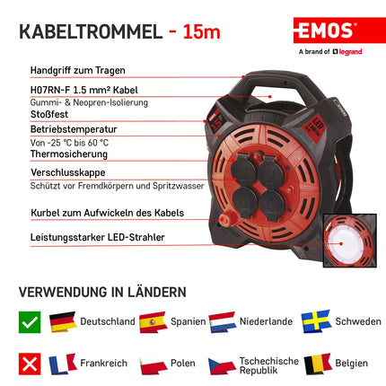 EMOS - 15m kaablirull LED-prožektoriga - 4 Schuko pistikupesa - veekindel, löögikindel, kuuma- ja külmakindel - 230 V, 13 A, 3000 W - H07RN-F3G 1,5 mm² - IP44 välistingimustes kasutamiseks