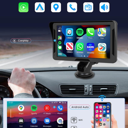 Rimoody Wireless Carplay &amp; Android Auto Display, Portable Car Radio, 7 Inch HD Touchscreen with Android Auto/Airplay/Android Cast/Dual Bluetooth/FM Transmitter/Mirror Link/TF/AUX/EQ/Live Navigation