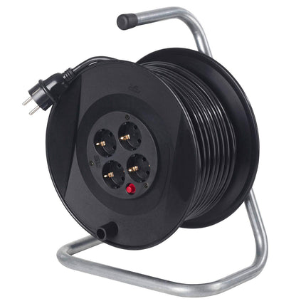 as - Schwabe special offer cable reel – with 20 m plastic-sheathed cable including safety plug – extension cable reel with 4 safety sockets – IP20 – Made in Germany – Black I 11103
