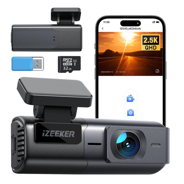 iZEEKER 2.5K WiFi autokaamera, mini autokaamera 1440P esikaamera rakenduste toega, 32 GB kaart, öine nägemine, WDR, G-andur, silmussalvestus, 24H parkimisrežiim