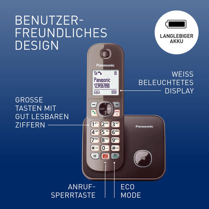 Panasonic KX-TG6851GA cordless phone (up to 1,000 phone number blocking, clear font size, loud handset, full-duplex hands-free) mocha brown