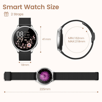 RUXINGX Smartwatch Women with Phone Function 1.27" HD Full Touch Screen, Wrist Watch with SpO2 Heart Rate Monitor Menstrual Cycle Sleep Monitor Pedometer Fitness Tracker IP68 iOS Android Black Silver