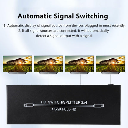HDMI jaotur 2 sisendit, 4 väljundit, 4K HD lüliti puldiga, 3840 x 2160 kõrge resolutsiooniga, sülearvutitele, mängukonsoolidele, monitoridele, teleritele ja projektoritele (EL pistik)