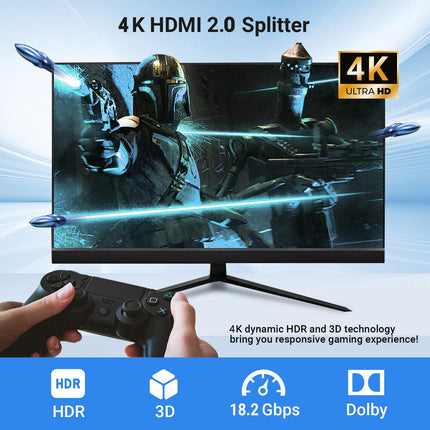 HDMI jaotur 4K 60Hz, 1 sisend 4 väljundit audio-video HDMI jaotur, tugi 4K@60Hz, 3D, 1080P, HDCP, PS5 Xbox HDTV BLU-Ray DVD jaoks