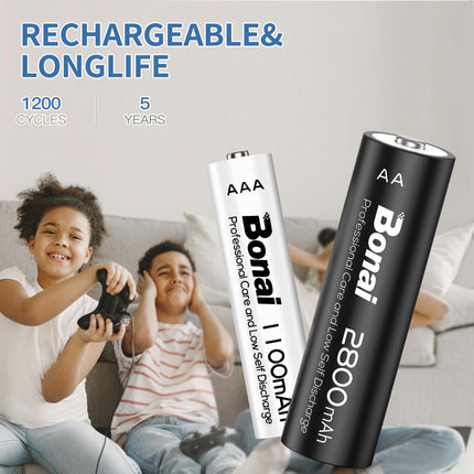 BONAI akud 8XAA ja 8XAAA 2800/1100mAh laetavad akud, suure mahutavusega 1,2 V AA/AAA NI-MH laetavad akud, madala isetühjenemisega