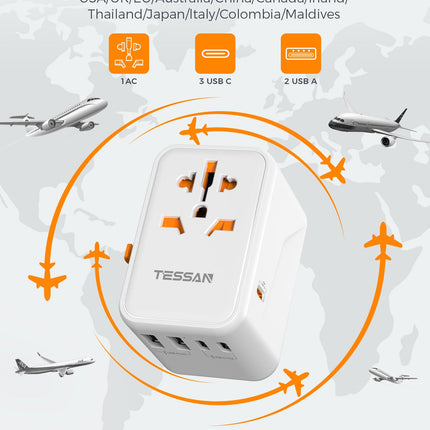 TESSANi ülemaailmne reisiadapter, 65 W GaN reisiadapteri kiirlaadija, reisipistik 2 USB ja 3 USB C-ga, universaalne Jaapani, Saksamaa, USA, Inglismaa ja Hiina jaoks