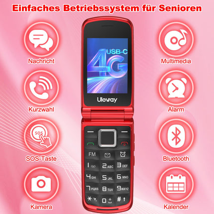 4G Flip Phone for Seniors with Large Buttons, Dual-SIM Flip Mobile Phone with Charging Cradle | SOS Emergency Call Function | Speed ​​Dial | Flashlight | FM Radio | 2.4+1.77 Inch Dual Color Display | Red