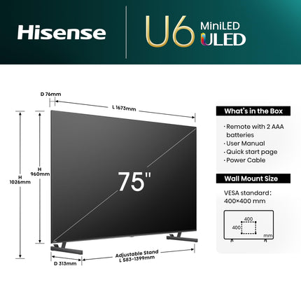 Hisense 75U6NQ 189 cm (75-tolline) 4K Mini LED ULED HDR nutiteler, 60Hz, HDMI 2.0, Game Mode Plus, Dolby Vision ja Atmos, Bluetooth, sisseehitatud Alexa, antratsiithall, [2024]