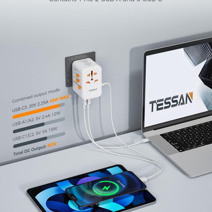 TESSANi ülemaailmne reisiadapter, 65 W GaN reisiadapteri kiirlaadija, reisipistik 2 USB ja 3 USB C-ga, universaalne Jaapani, Saksamaa, USA, Inglismaa ja Hiina jaoks