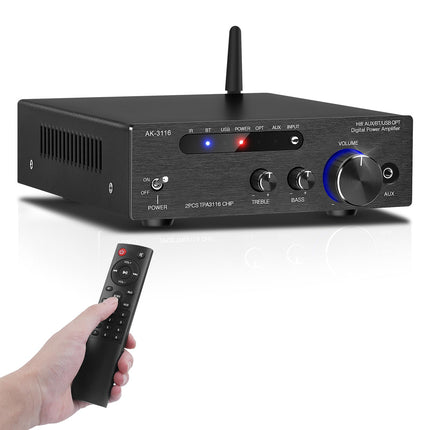HiFi võimendi Bluetooth 5.0-ga, AK-3116 mini stereohelivõimendi 2.0 kanaliga 100W x 2 vastuvõtjat D-klassi digitaalne võimsusvõimendi TPA3116 kiibiga, USB, AUX, BT sisendiga