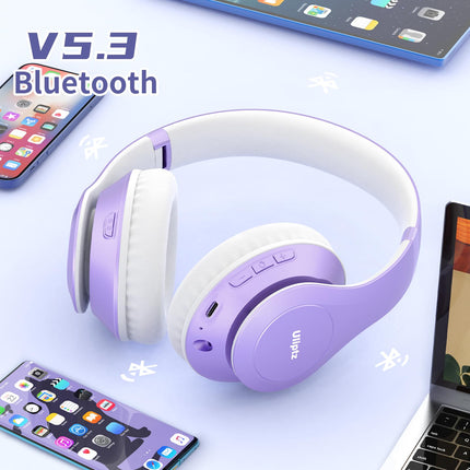 Uliptz juhtmevabad Bluetooth-kõrvaklapid, 65 tundi mänguaega, 6 ekvalaiseriga helirežiimi, HiFi stereo kõrvaklapid mikrofoniga, kokkupandavad Bluetooth 5.3 kõrvaklapid reisimiseks/kontorisse/mobiiltelefoni/teleri/arvuti jaoks (lilla)