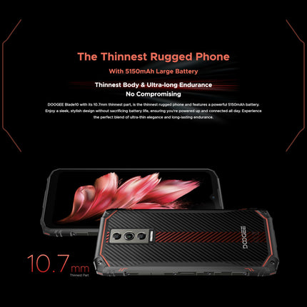 DOOGEE Blade 10 Smartphone without a contract, 9GB + 128GB, 5150mAh battery, 11mm thin, unlocked smartphone, rugged 4G, 16MP camera + 8MP outdoor phone, Android 14, 6.56 inches, NFC, Red