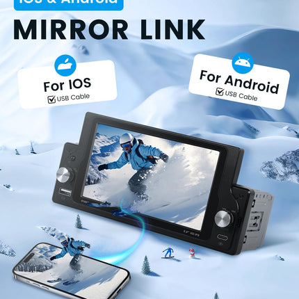 Rimoody juhtmevaba Carplay autoraadio 1 DIN juhtmevaba Android Auto IOS/Android Mirror Linkiga 5,9-tolline puutetundliku ekraaniga autoraadio Bluetoothi ​​ja FM-raadioga USB/AUX/DVR/EQ/MIC Roolil juhtimine tahavaatekaamera