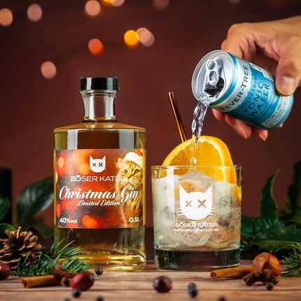 BÖSER KATER jõuludžinni kinkekomplekt 2 klaasiga, vürtsikas jõulumaitse, ideaalne talvistele kokteilidele, ideaalne džinnikink kvaliteetses karbis 0,5l 40% vol.