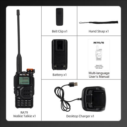 Retevis RA79 kahesuunaline raadiosaatja, mitme sagedusribaga amatöörraadio, 2m/70cm/AM, VFO/CPS/Chirp, sageduse koopia, 1400 mAh akuga amatöörraadio jahipidamiseks, reisimiseks, matkamiseks (1 pakk)