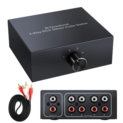 4-Way Bidirectional L/R RCA Stereo Audio Switcher, 1 in 4 Out or 4 in 1 Out, L/R Sound Channel Audio Splitter Audio Selector Switch Box for DVD Stereo Speaker CD Player