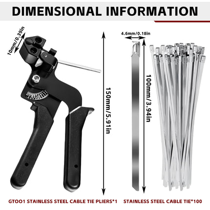 BYZESTY Cable Tie Tool, 100 Pack Stainless Steel Cable Ties with Cable Tie Gun, Cable Tie Pliers for Locking and Cutting, 200mm x 4.6mm