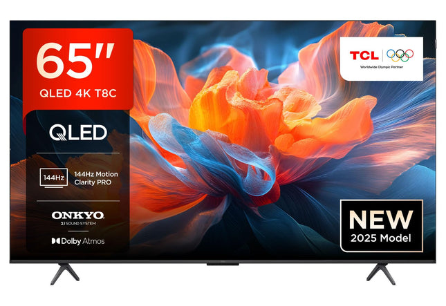 TCL 65T8C 65-inch QLED 4K HDR UHD TV, Smart Google TV Dolby Vision &amp; Atmos, 144Hz Motion Clarity Pro, FreeSync, Onkyo 2.1 Sound, Voice Control, Compatible with Google Assistant