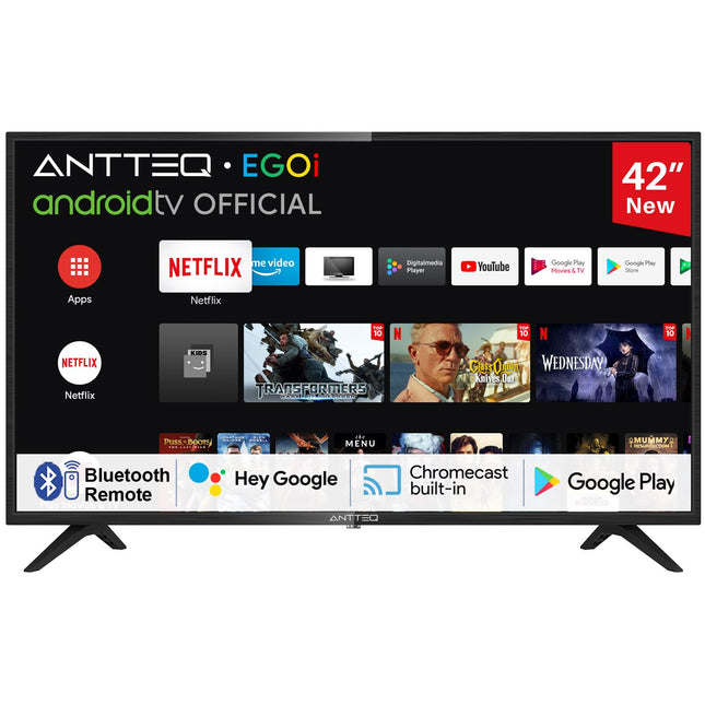 Antteq AG42F3 nutiteler 42 tolli (106 cm) Android TV LED, Dolby Audio, Google'i abi, Bluetooth kolmekordne tuuner (DVB-C/S2/-T2), Google Play pood (DAZN/Disney+/Netflix/Prime Video), WiFi