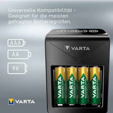 VARTA akulaadija, sh 4x AA 2100mAh, akulaadija laetavatele AA/AAA/9V ja USB-seadmetele, LCD-pistikuga laadija+, ühe pesaga laadimine, must