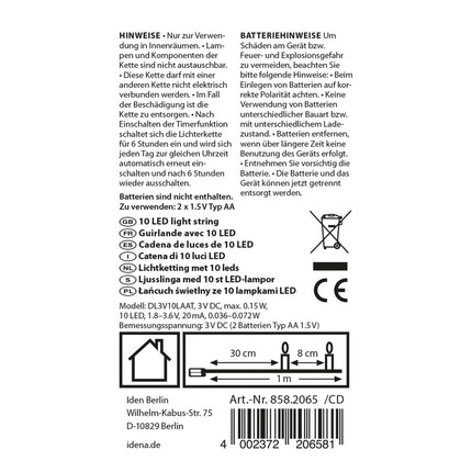 Idena 8582065 - LED-valguskett 10 sooja valge LED-iga, 6-tunnise taimerifunktsiooniga, patareidega, umbes 1 m pikk, sise-, käsitöö-, peokaunistuseks, jõulukaunistuseks, pulmadeks