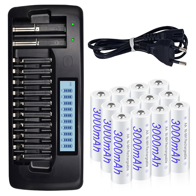Laetavad akud AA 12 tk pakis 3000mAh koos nutika laadijaga - 12 pesaga nutikas LCD kiirlaadija universaalne Mignon AA, Micro AAA 1.2v NIMH laetavatele akudele