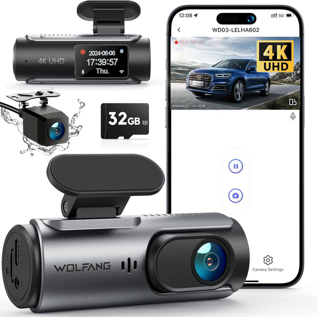 WOLFANG autoregistraator esi- ja tagakaamerale 4K WiFi-ga, 32 GB SD-kaardiga, üliöine nägemine, 170° lainurk, WDR, 24h parkimisrežiim, G-andur, tsükkelsalvestus