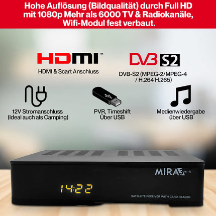 Amiko MIRA3 HD satellite receiver with recording function, card slot, timeshift, HDMI, PVR, USB, WiFi, AAC-LC, SCART, coaxial - satellite receiver HD for satellites, satellite receiver with 12V power supply + HDMI cable M@tec