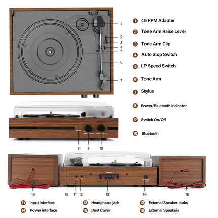 Vanaaegne vinüülplaadimängija Bluetoothiga, rihmülekandega, kahe stereokõlariga, LP-mängijaga, 3 kiirusega, juhtmevaba taasesitusega, AUX kõrvaklappide sisendiga, pruun