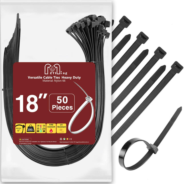 Cable ties black 45cm cable ties long 9mm wide cable ties large cable ties UV resistant tensile strength 91kg strong wire ties for privacy screens, cable fixation, pergola, 50 pieces