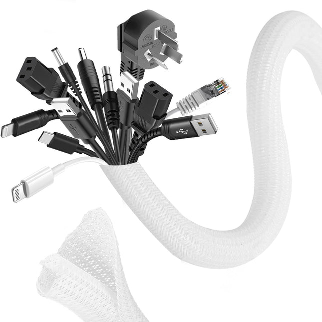 Romon 6m Cable Sleeve, 16mm-25mm Cuttable Cable Duct Self-Closing, Flexible Woven Cable Sheath, Spiral Hose for TV PC Home Theater Automotive Cable, Cable Management Bite-Resistant for Dogs - White
