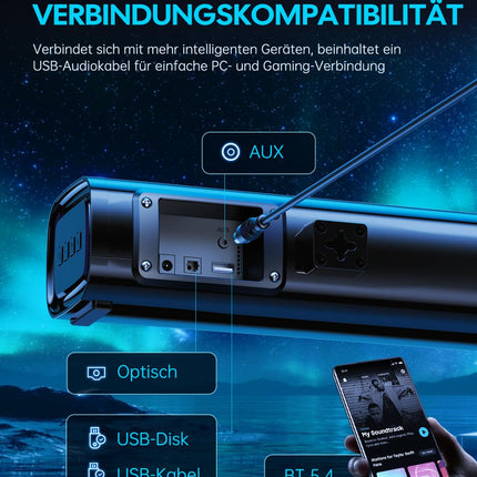 MEVOSTO heliriba telerile, arvutile, mängurile, 60W mini 2.1-kanaliga integreeritud subwoofer BT5.4 kõlar, arvuti USB digitaalse heli/optilise/AUX hääle võimendusega, 3 ekvalaiseriga, ühilduvad mängukonsoolid - 40cm