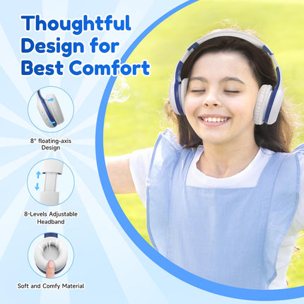 EarFun Bluetooth kõrvaklapid lastele, 85/94dB helitugevuse reguleerimine, HiFi heli, HD mikrofon, 40 tundi aku tööiga, kokkupandavad, reguleeritavad, juhtmevabad Bluetooth kõrvaklapid lastele kooli/reisimiseks/arvuti jaoks, valged
