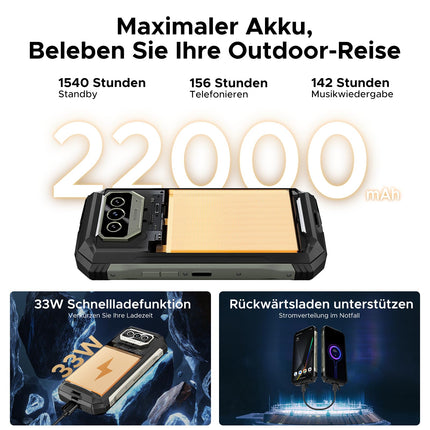 DOOGEE V MAX S 5G lukustamata õuenutitelefon, 22000mAh 33W, 24GB+256GB, 6.58" FHD+ 120Hz õuenutitelefon Android 14, kahekordne 1200LM telkimisvalgusti ehitusplatsi telefon 108MP+20MP, kahekordne kõlar/NFC/IP69K