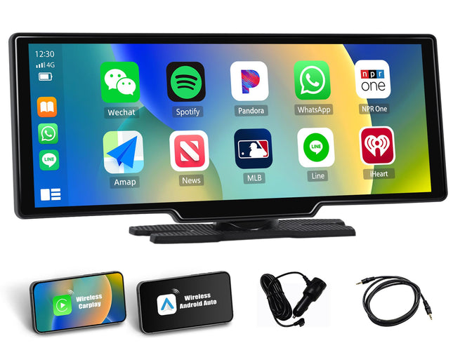 Portable Car Radio with Apple CarPlay and Android Auto Wireless, 10.4 Inch Touchscreen Car Media Player with Mirror Link, Bluetooth, FM, GPS, Wi-Fi, AUX Cable, 64GB TF Card, DC 7-33V