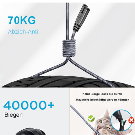 Toitekaabel 2-kontaktiline 4,5 m toitekaabel toitekaabel toitekaabel pistik tüüp C Euro pistik (CEE 7/16 kuni C7) nailonist punutud väikeseadmete kaabel VDE-ga PS5 PS4 PS3 Xbox Series X/S, TV Blu-Ray jaoks
