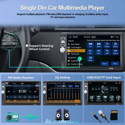 SIXWIN ühe DIN-iga Apple CarPlay Android Auto autoraadio 7-tolline ekraan puutetundliku ekraaniga Bluetooth FM-raadio, peegli lingi/USB/AUX/TF-kaardi sisendiga tahavaatekaamera, mikrofoni ja puldiga