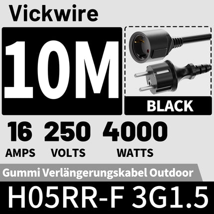 Vickwire kummist pikenduskaabel 10m välistingimustes kasutatav kaabelkaabli pikendused kaitsekontaktiga pistikuga Schuko pikendus 16A/250V, must, H05RR-F 3G1.5 mm²