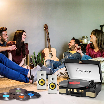 Trynnay Record Player 3-Speed ​​Bluetooth Portable Suitcase Vinyl Player with Built-in Speakers Record Player Enhanced Audio Sound PU Leather Vintage Black