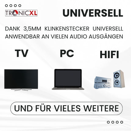 TronicXL TV kõrvaklapid 6 m pikkuse kaabli ja peavõruga, ühilduvad teleritega Samsung, LG, Sony, Toshiba, DYON, JVC, Philips, Apple, iPad, iMac, arvuti jne. Stereokõrvaklapid. Kõrvaklappide pistik.