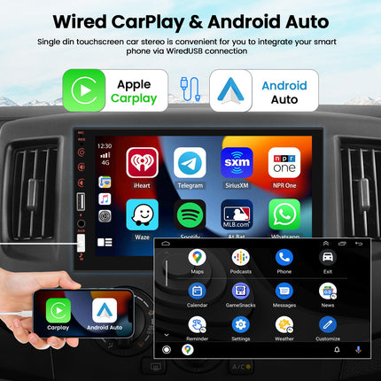 Hikity 1 DIN autoraadio, CarPlay, Android Auto, Bluetooth-ekraan, 7-tolline puutetundlik ekraan, FM-tagurduskaamera