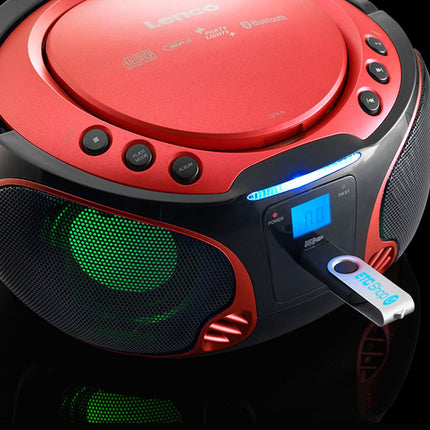 Lenco SCD-550 - CD-mängija lastele - CD-raadio - Stereosüsteem - Boombox - MP3- ja USB-mängija - Bluetooth - 2 x 2 W RMS võimsus - Peotuled - Punane