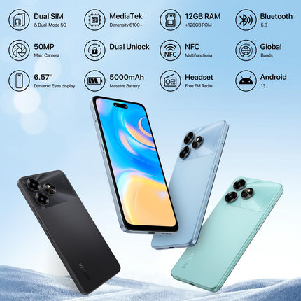 UMIDIGI 5G mobiiltelefonid NFC-ga, 6GB+128GB/TF 1TB, G6 nutitelefon ilma lepinguta, 6,57" 90Hz HD+, 50MP kaamera 5000mAh, Dimensity 6100+ 5G SIM-kaardivabad telefonid, Android 13, sõrmejäljega lukustamata/näotuvastusega/GPS (sinine)