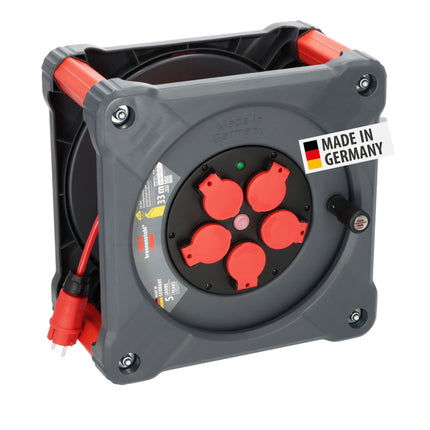 Brennenstuhl Professional Construction Site Cable Reel KA 3110 5 IP44 (33m H07BQ-F 3G1.5 cable in red, for construction site use and permanent outdoor use, 5 earthed sockets, Made in Germany)