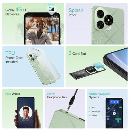 Ulefone Note 19 (2025) nutitelefon, Android 14, 6 GB + 64 GB ROM/SD-512 GB, kaheksatuumaline nutitelefon, soodne, 5000 mAh, 6,56-tolline HD+ mobiiltelefon, 8 MP + 5 MP, 4G nutitelefon ilma lepinguta, kahekordne SIM-kaart/Face ID/GPS/3 pesa - roheline